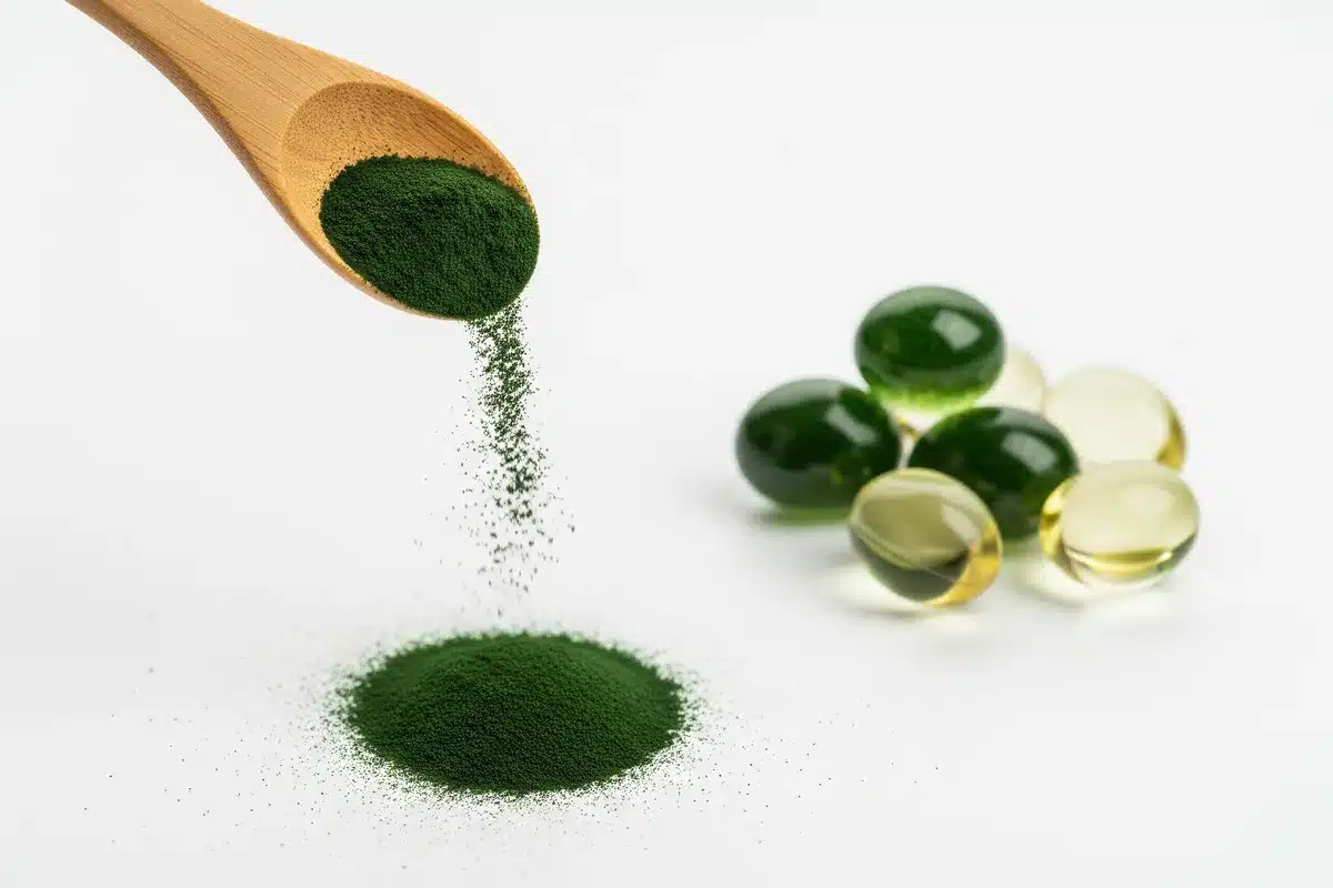 Poudre de spiruline verte versée depuis une cuillère en bois, gélules en arrière-plan