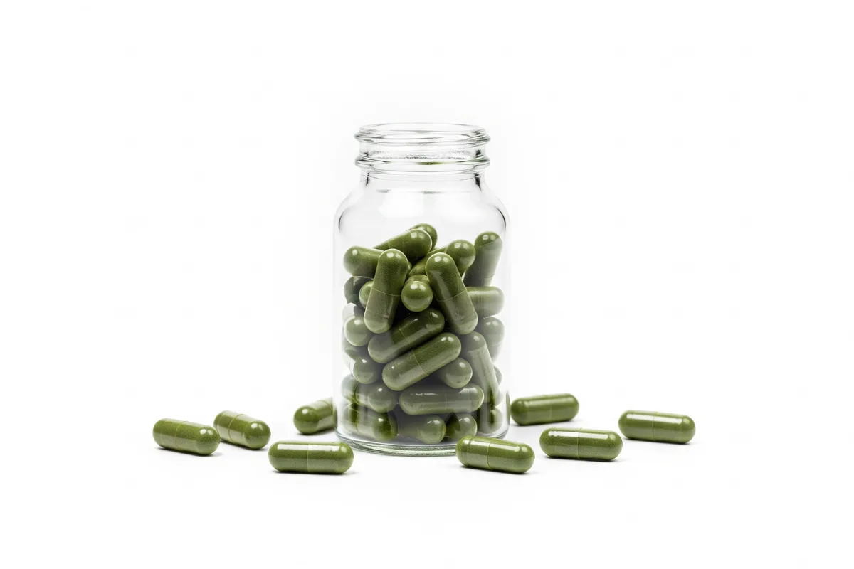 Flacon transparent rempli de gélules végétales vertes de spiruline bio