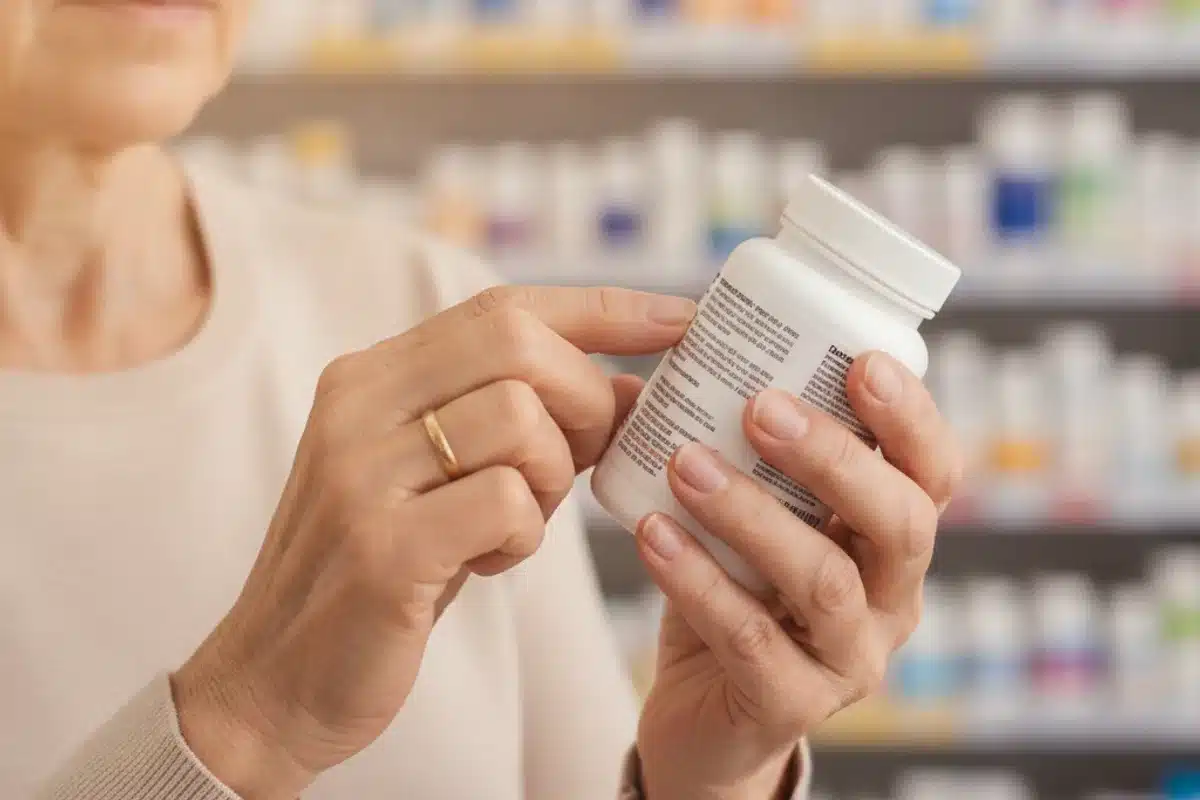 Lire l'étiquette d'un probiotique Personne lisant attentivement l'étiquette d'un complément probiotique