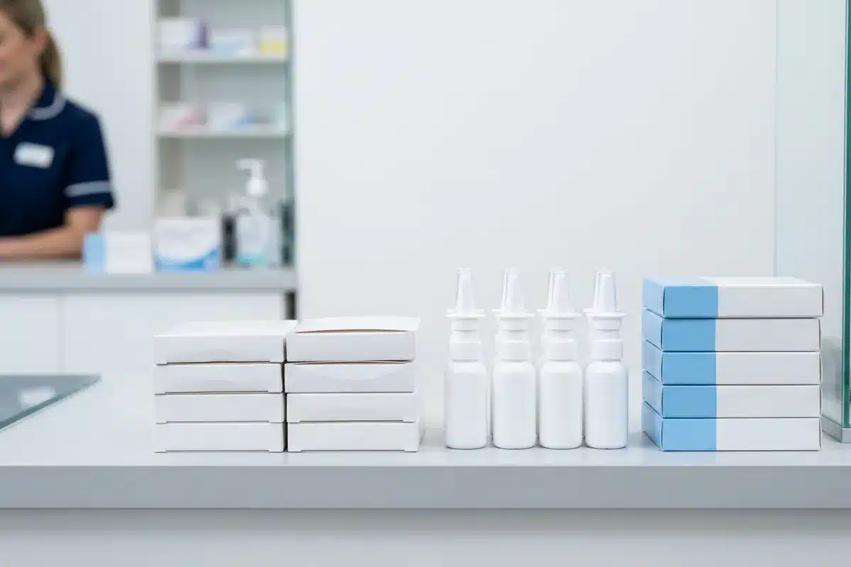 Antihistaminiques et spray nasal contre l'allergie au pollen Boîtes d'antihistaminiques et spray nasal antiallergique disponibles sans ordonnance en pharmacie