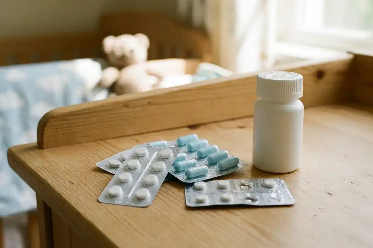 Médicaments compatibles avec l'allaitement Blisters de comprimés et flacon de médicaments compatibles avec l'allaitement, posés dans une chambre de bébé