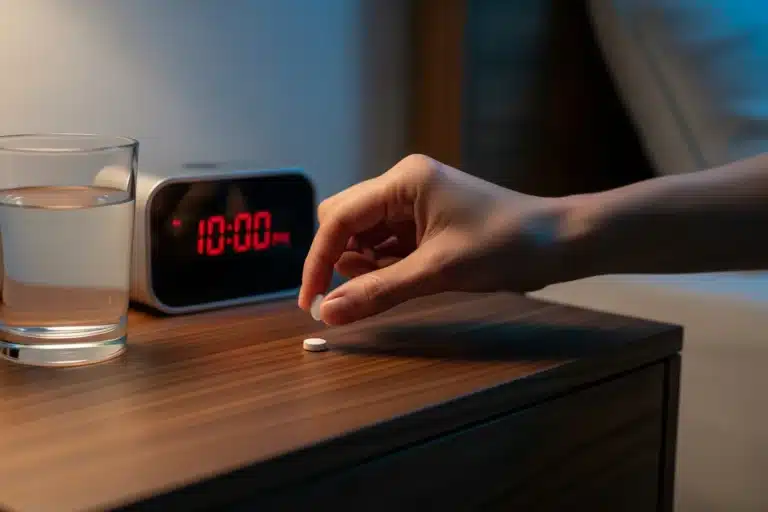 Main saisissant un comprimé de mélatonine posé sur une table de nuit, avec un verre d'eau