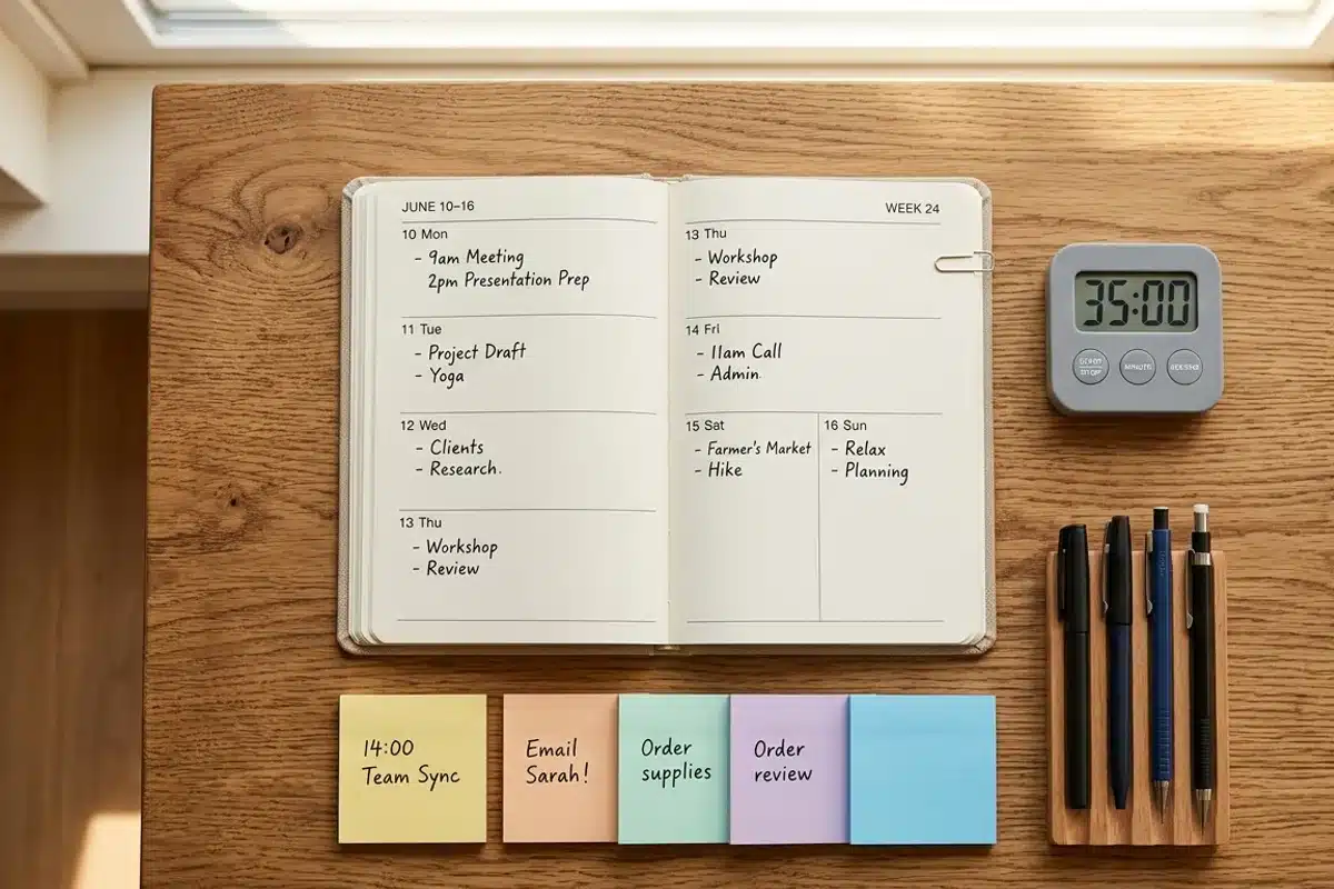 Outils d'organisation pour adultes atteints de TDAH au quotidien Vue aérienne d'un bureau avec agenda, post-its colorés et minuteur pour adultes avec TDAH