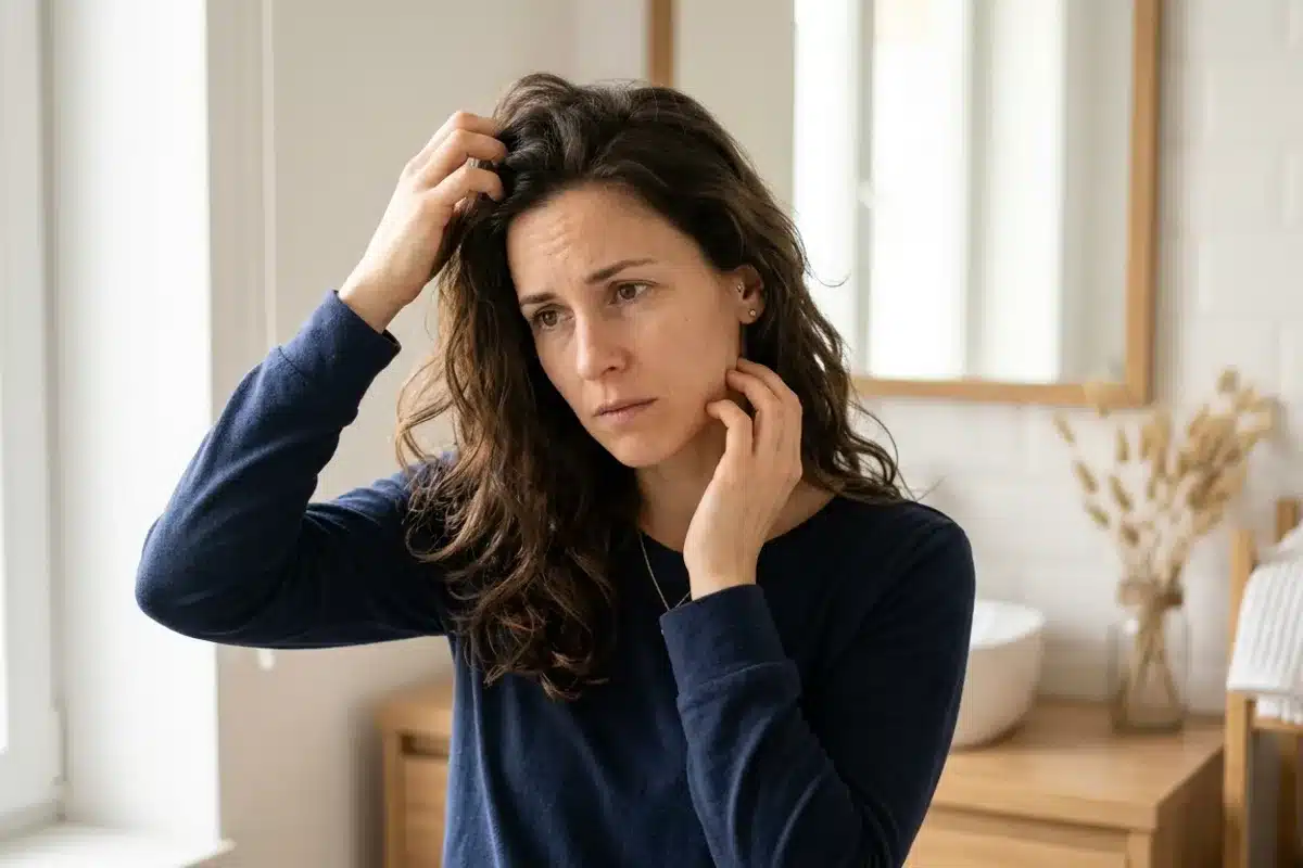 Femme se touchant délicatement le cuir chevelu dans une salle de bain lumineuse