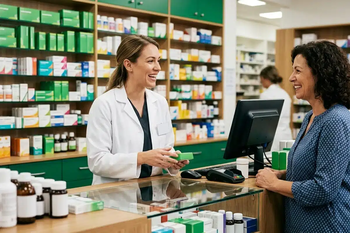 placeholder Pharmacienne conseillant une patiente sur les médicaments contre les règles douloureuses