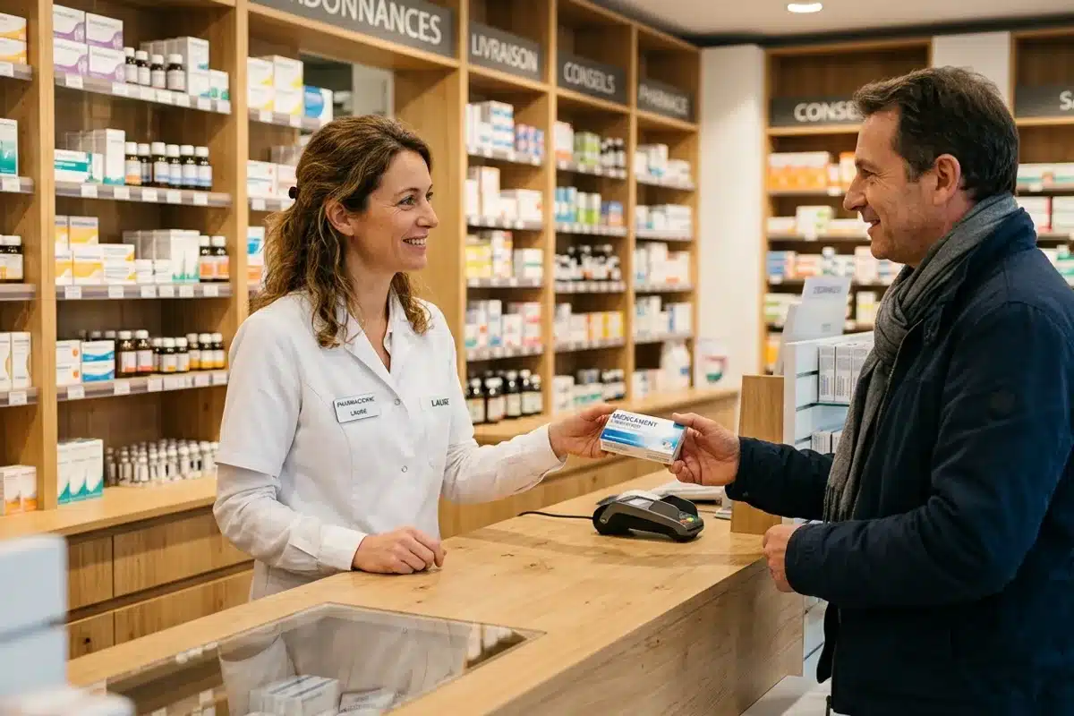 Pharmacien de garde au comptoir conseillant un patient Pharmacienne en blouse blanche remettant un médicament à un client au comptoir d'une pharmacie de garde