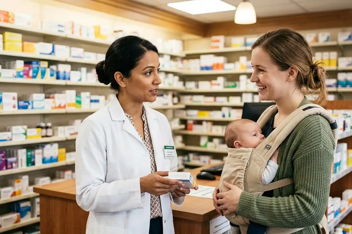 Conseil pharmacien allaitement médicament Pharmacienne conseillant une jeune maman portant son bébé en écharpe dans une pharmacie