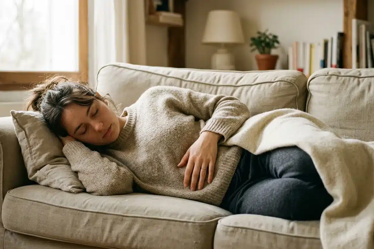 Fatigue en début de grossesse Jeune femme fatiguée allongée sur un canapé, une main posée sur son ventre