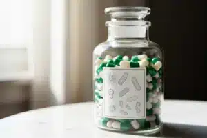 Flacon de probiotiques adulte sur comptoir de pharmacie