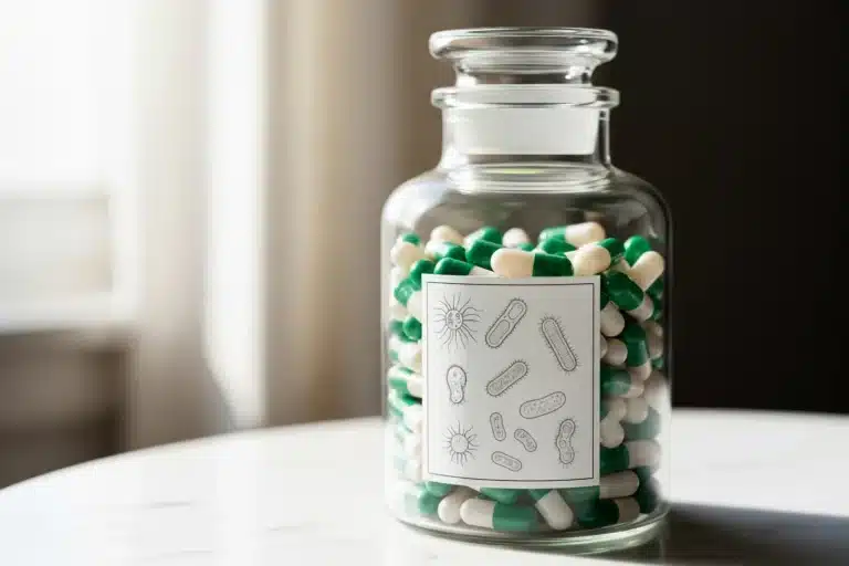 Flacon de probiotiques adulte sur comptoir de pharmacie