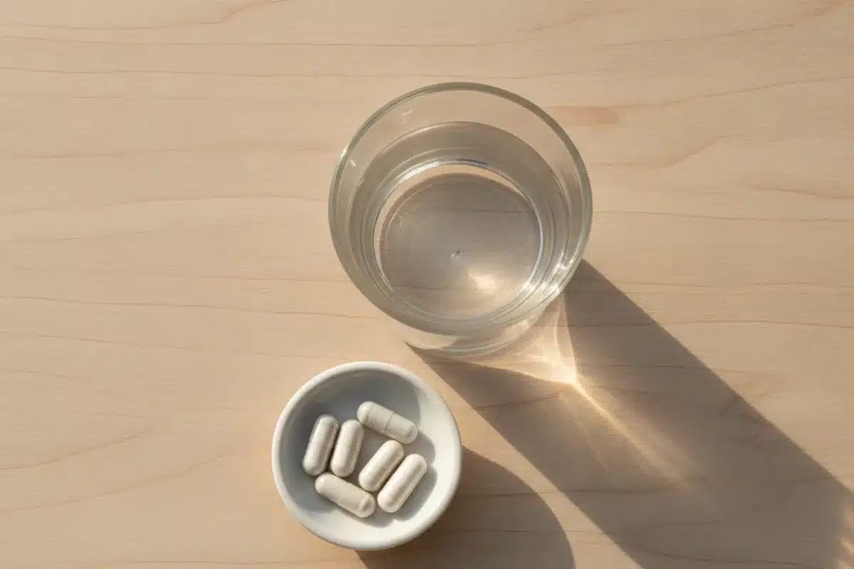 Cure de probiotiques : prise le matin avec un verre d'eau Gélules probiotiques et verre d'eau pour une cure du matin