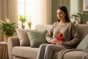 Femme assise sur un canapé tenant une bouillotte rouge sur le bas-ventre pour soulager ses règles douloureuses