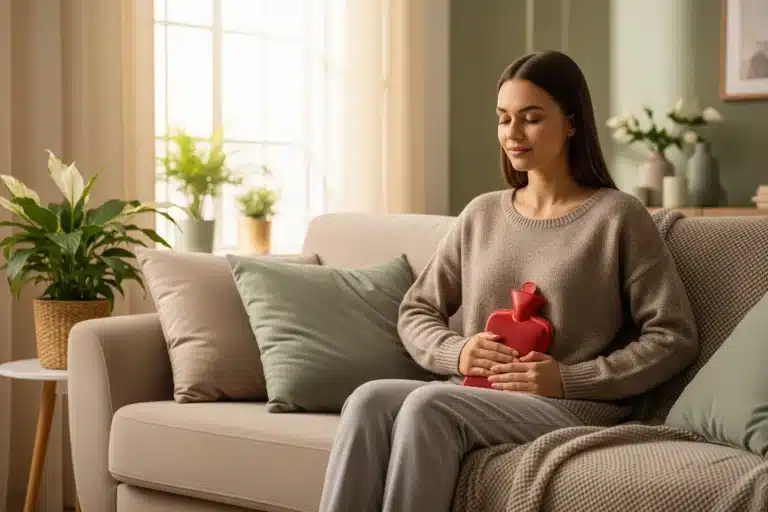 Femme assise sur un canapé tenant une bouillotte rouge sur le bas-ventre pour soulager ses règles douloureuses