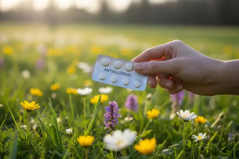 Personne tenant des comprimés antihistaminiques dans un environnement printanier en fleurs
