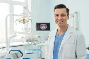 Dentiste libéral en consultation dans son cabinet dentaire en France