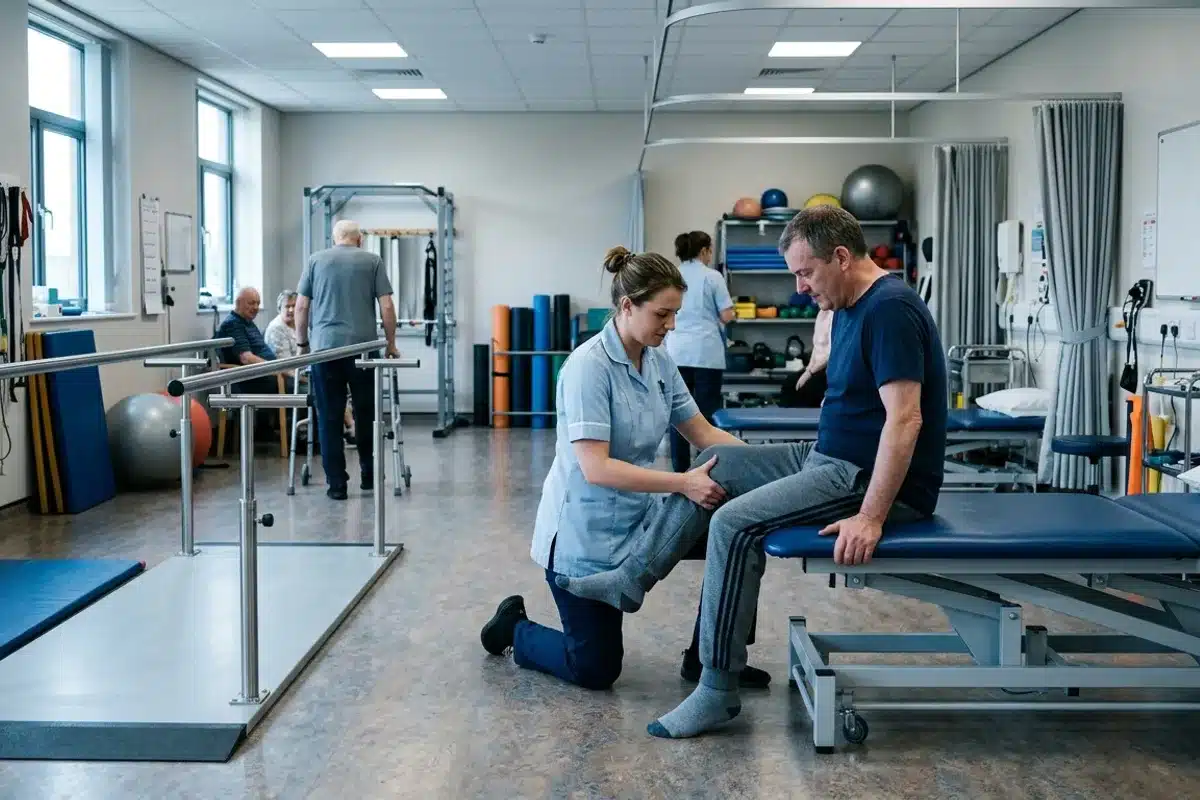 Kiné salarié en service de rééducation hospitalier Masseur-kinésithérapeute en tunique aidant un patient sur une table dans un service de rééducation d'hôpital