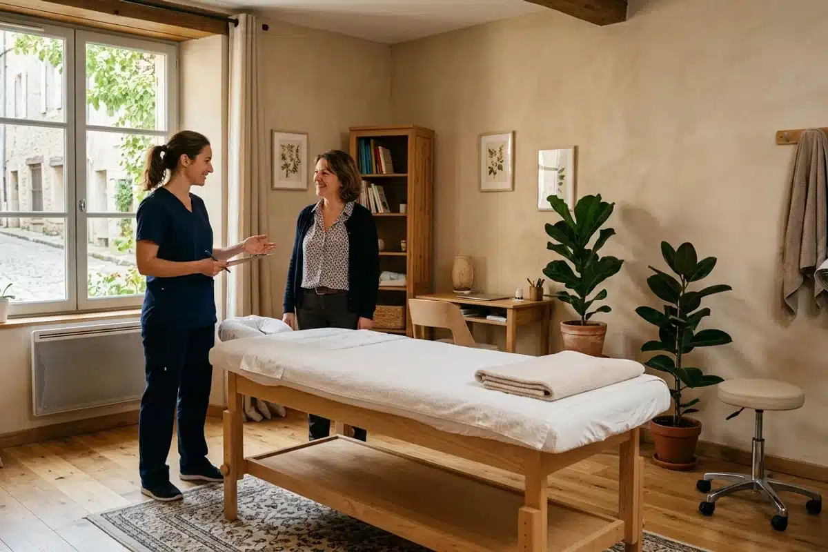 Kiné libéral accueillant un patient dans son cabinet Kinésithérapeute libéral accueillant une patiente près d'une table de massage en bois dans son cabinet
