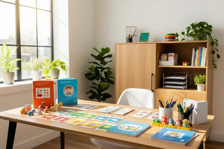 Cabinet d'orthophonie libéral avec bureau et matériel de rééducation