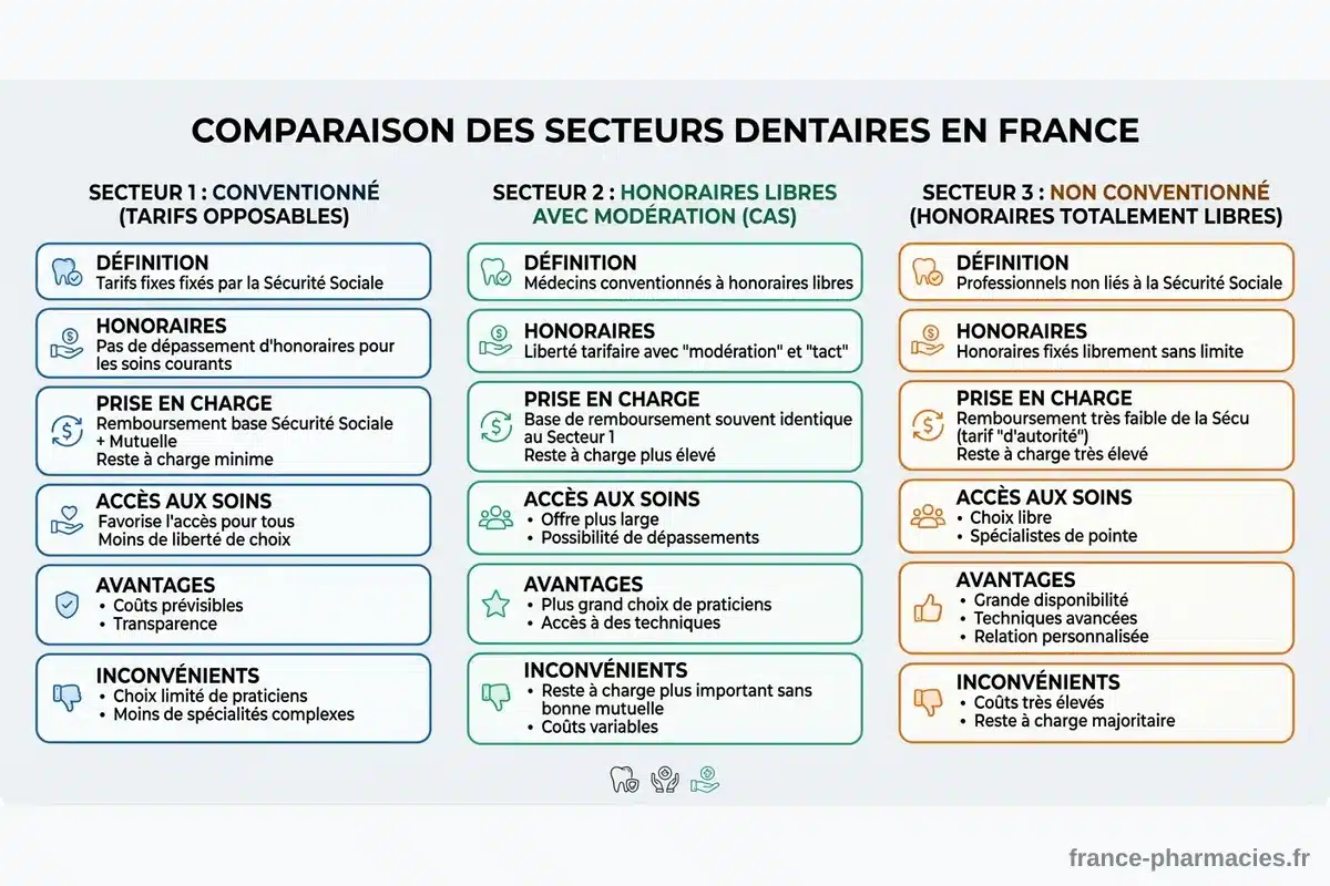 Les trois secteurs de conventionnement des dentistes libéraux Infographie comparant les secteurs 1, 2 et 3 de conventionnement des chirurgiens-dentistes libéraux