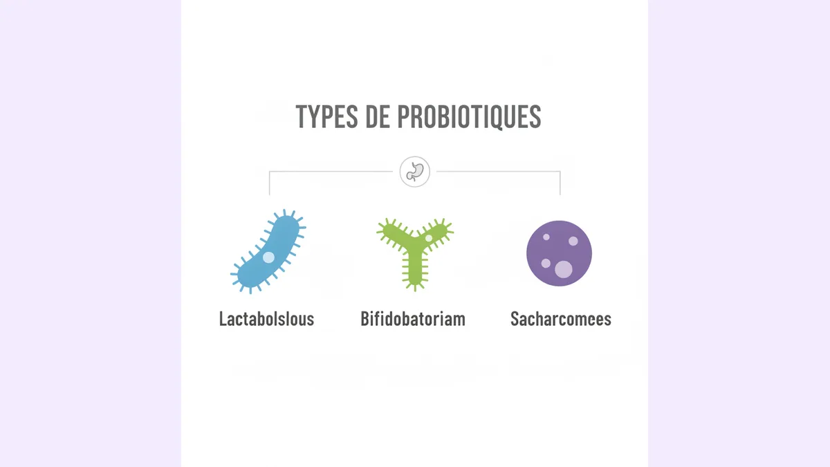 Schéma des souches probiotiques : Lactobacillus, Bifidobacterium, Saccharomyces Schéma illustrant les trois principaux types de souches probiotiques