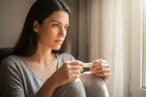 Symptômes de grossesse, jeune femme pensive tenant un test de grossesse près d'une fenêtre le matin