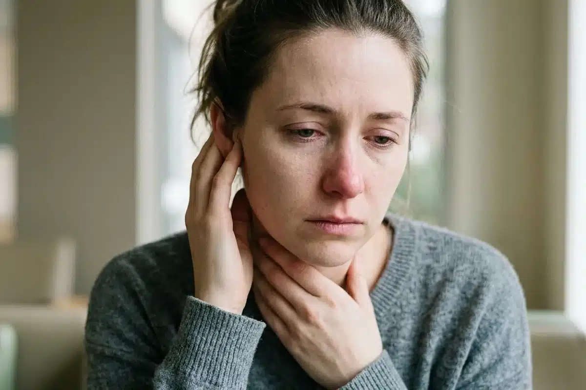 Symptômes d'une infection ORL Personne souffrant de symptômes d'infection ORL, tenant sa gorge et touchant son oreille