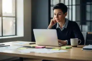 Adulte au bureau avec des papiers épars, illustrant les difficultés de concentration du TDAH adulte