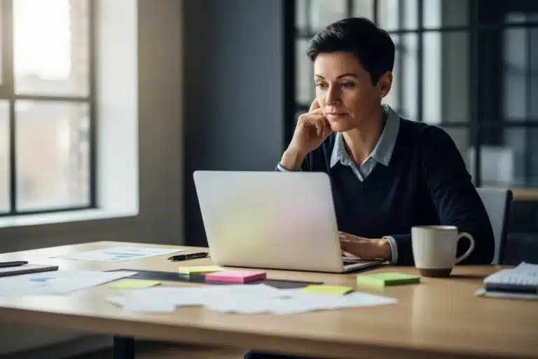 Adulte au bureau avec des papiers épars, illustrant les difficultés de concentration du TDAH adulte