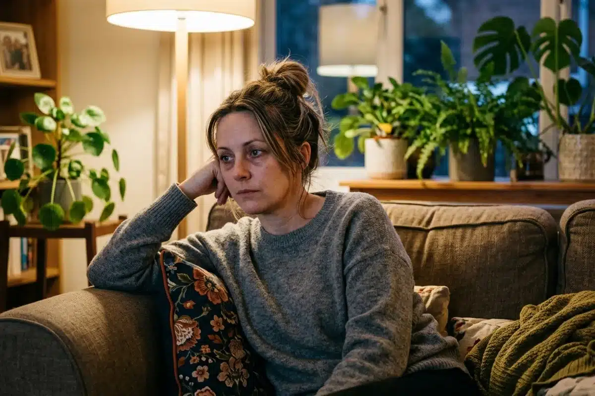 Fatigue et comorbidités chez les adultes atteints de TDAH Femme adulte fatiguée assise sur un canapé le soir, illustrant les comorbidités du TDAH adulte comme la fatigue chronique