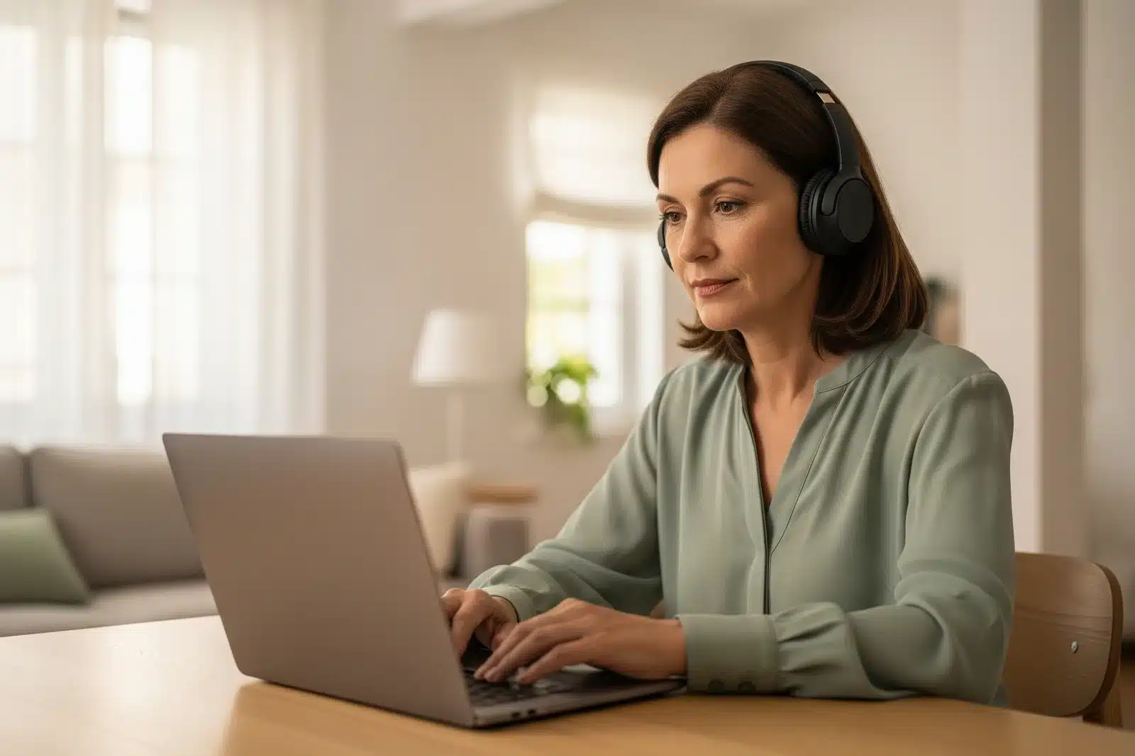 Test auditif en ligne : une femme évalue son audition au casque devant son ordinateur