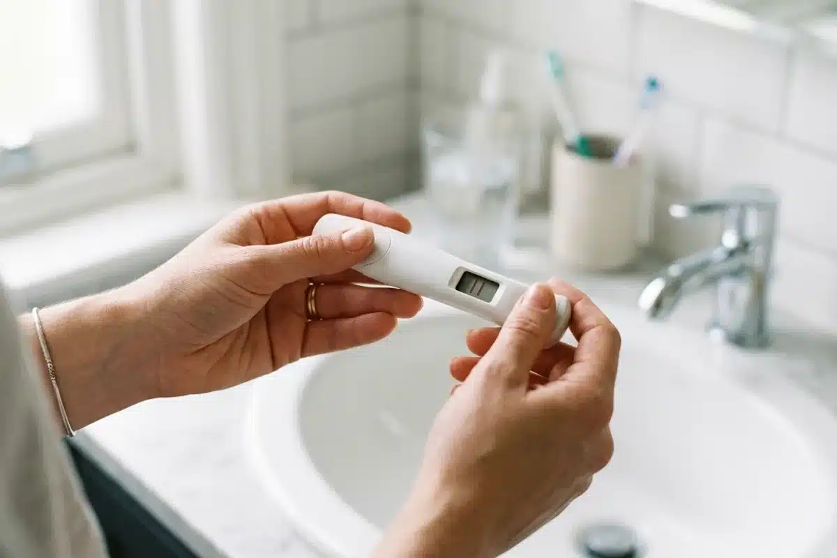 Test de grossesse et retard de règles Mains d'une femme tenant un test de grossesse au-dessus d'un lavabo de salle de bain