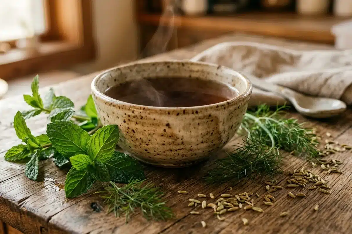 Tisane digestive contre les ballonnements Bol de tisane chaude avec menthe et graines de fenouil sur table en bois
