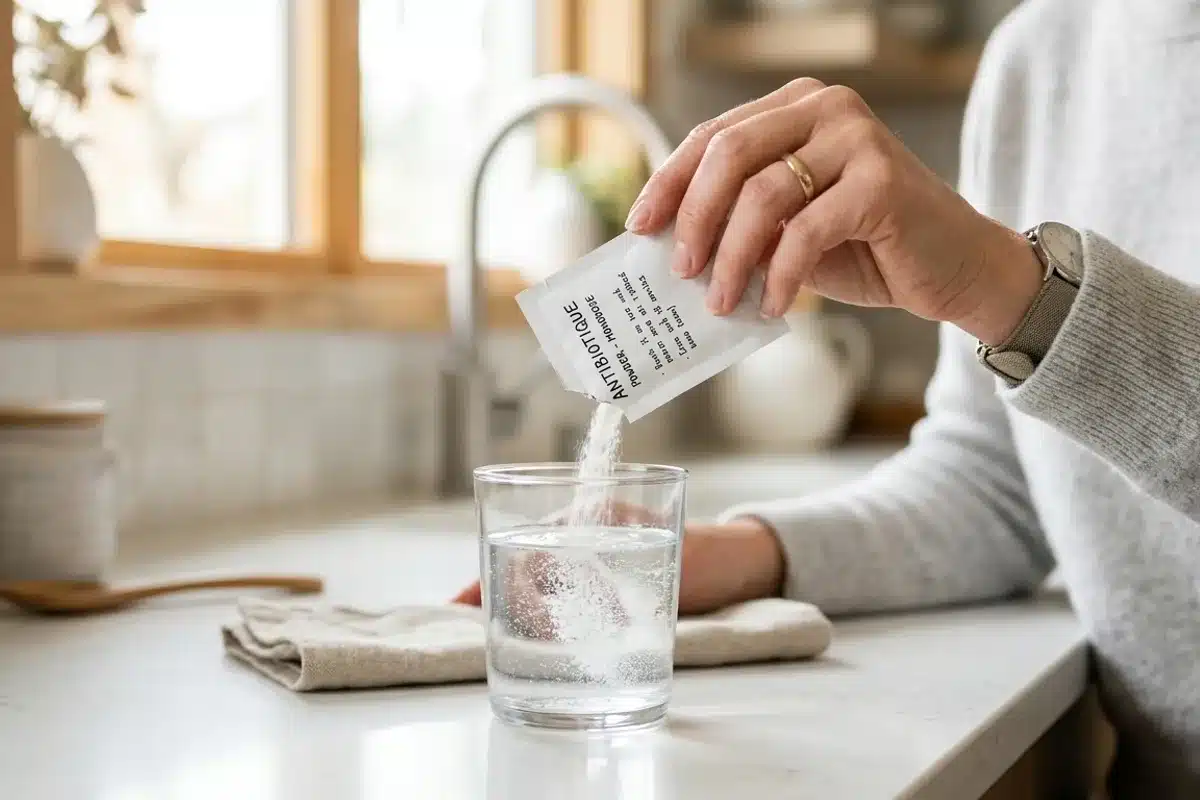 Traitement minute fosfomycine contre la cystite Sachet de fosfomycine dilué dans un verre d'eau, traitement minute de la cystite