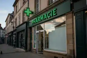 Pharmacie de garde ouverte le dimanche avec sa croix verte allumée, porte accessible, rue calme