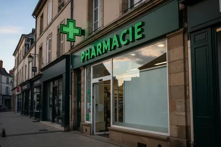Pharmacie de garde ouverte le dimanche avec sa croix verte allumée, porte accessible, rue calme