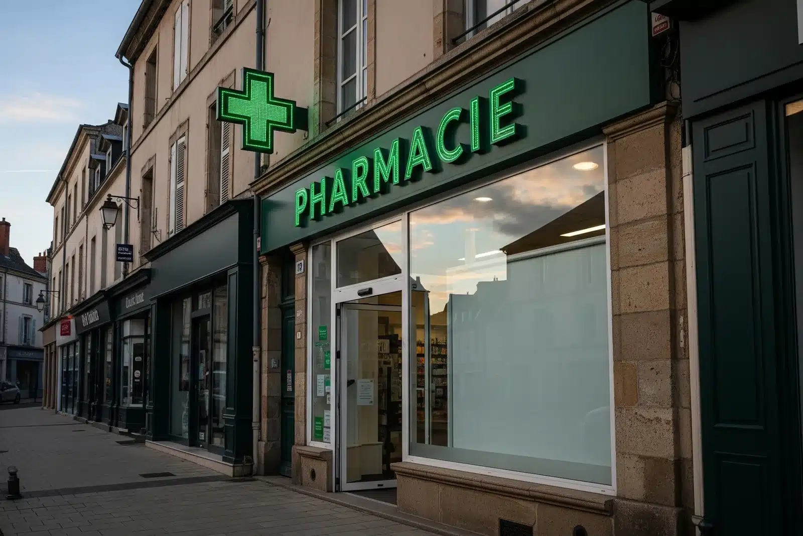 Pharmacie de garde ouverte le dimanche avec sa croix verte allumée, porte accessible, rue calme
