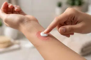 Application d'une crème apaisante du bout du doigt sur une brûlure superficielle rouge à l'avant-bras