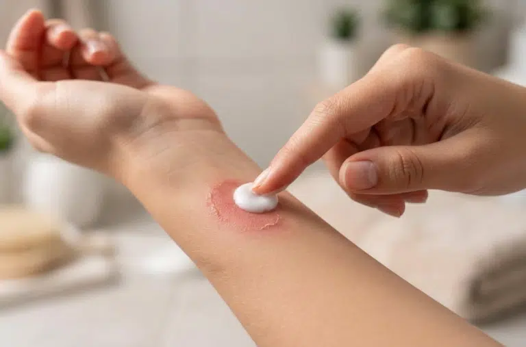 Application d'une crème apaisante du bout du doigt sur une brûlure superficielle rouge à l'avant-bras