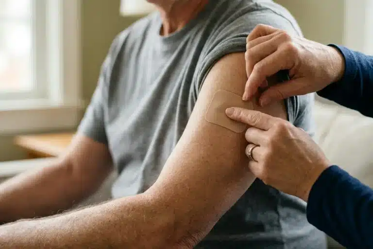Une personne applique un patch nicotinique beige sur le bras pour arrêter de fumer