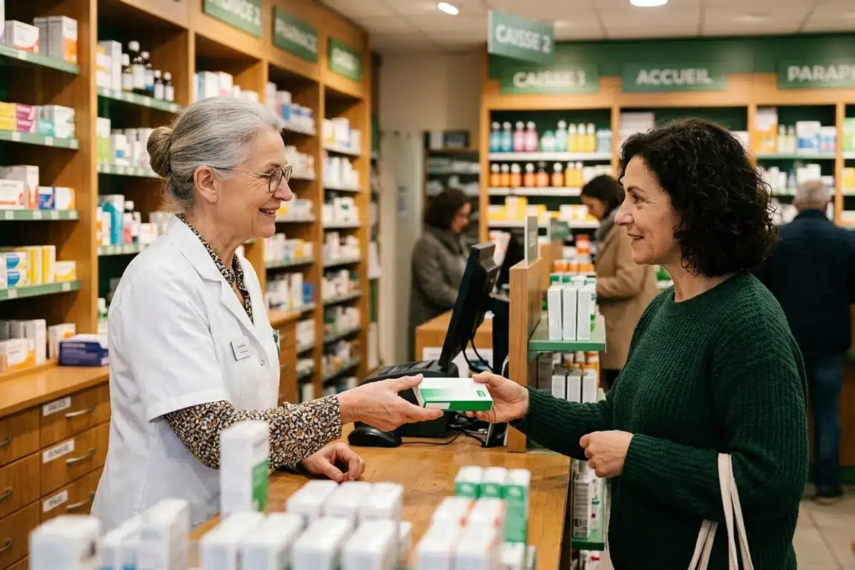 Conseil du pharmacien pour choisir un autotest Une pharmacienne remet une boîte d'autotest à une cliente au comptoir d'une officine