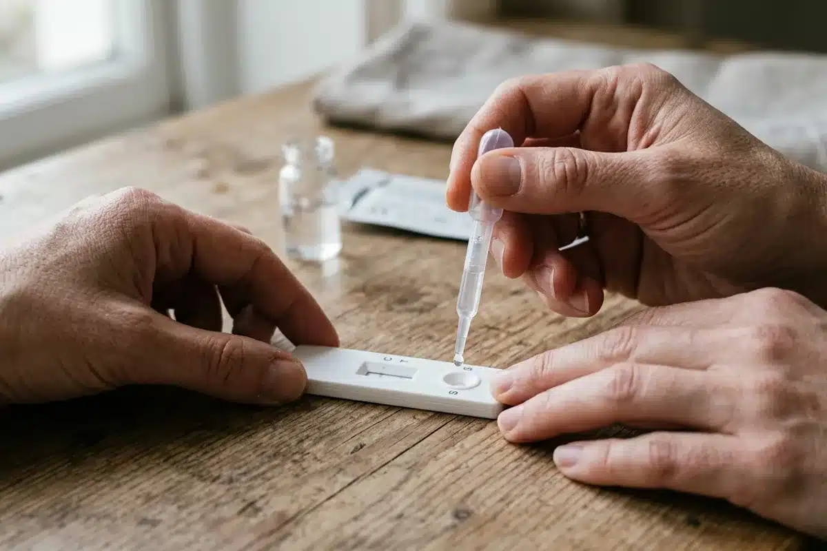 Réaliser un autotest à domicile Deux mains déposent une goutte sur une cassette de test rapide posée sur une table en bois