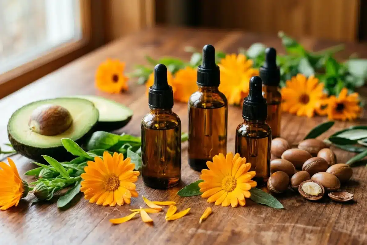 Flacons d'huiles végétales de calendula, argan et avocat entourés de plantes, soins naturels de l'eczéma des peaux sensibles
