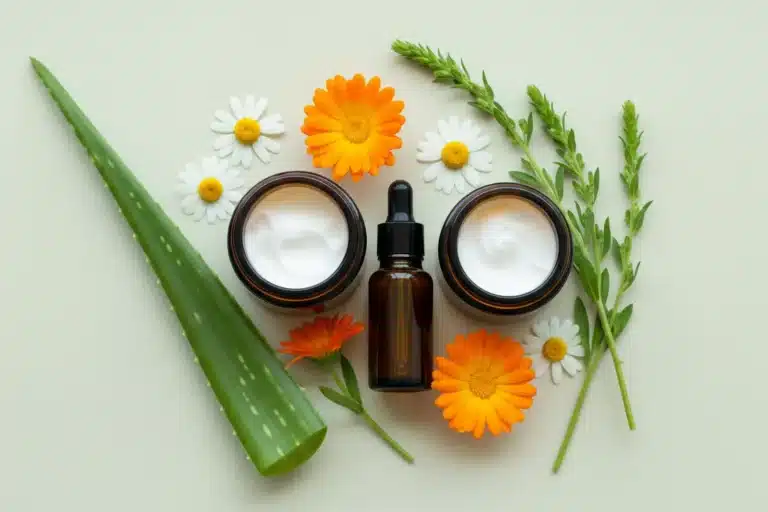 Crème émolliente et huile végétale en flacon, aloe vera, calendula et camomille, soins naturels de l'eczéma des peaux sensibles