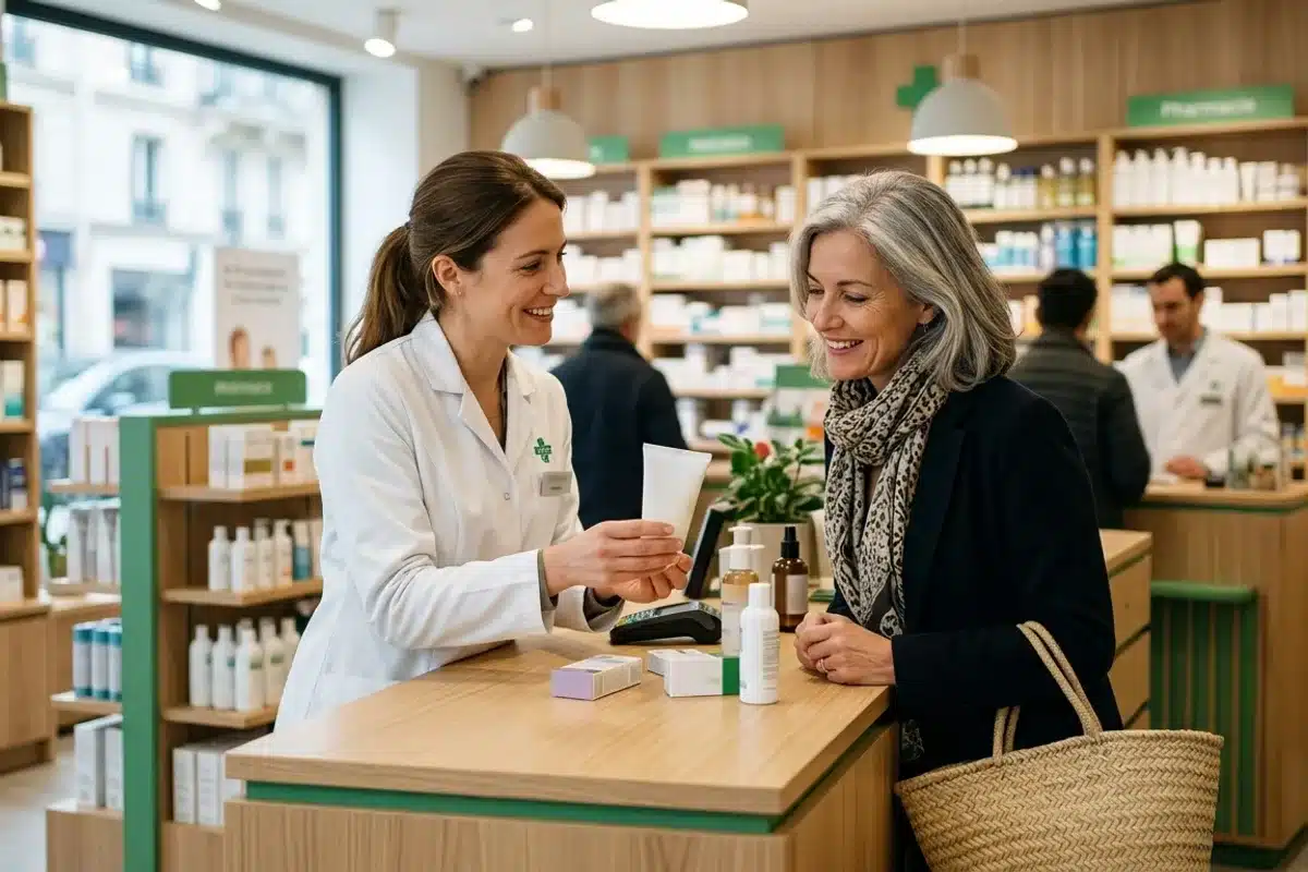Conseil en pharmacie pour soulager une tendinite Pharmacienne en blouse blanche conseillant une cliente avec un tube de gel au comptoir d'une officine