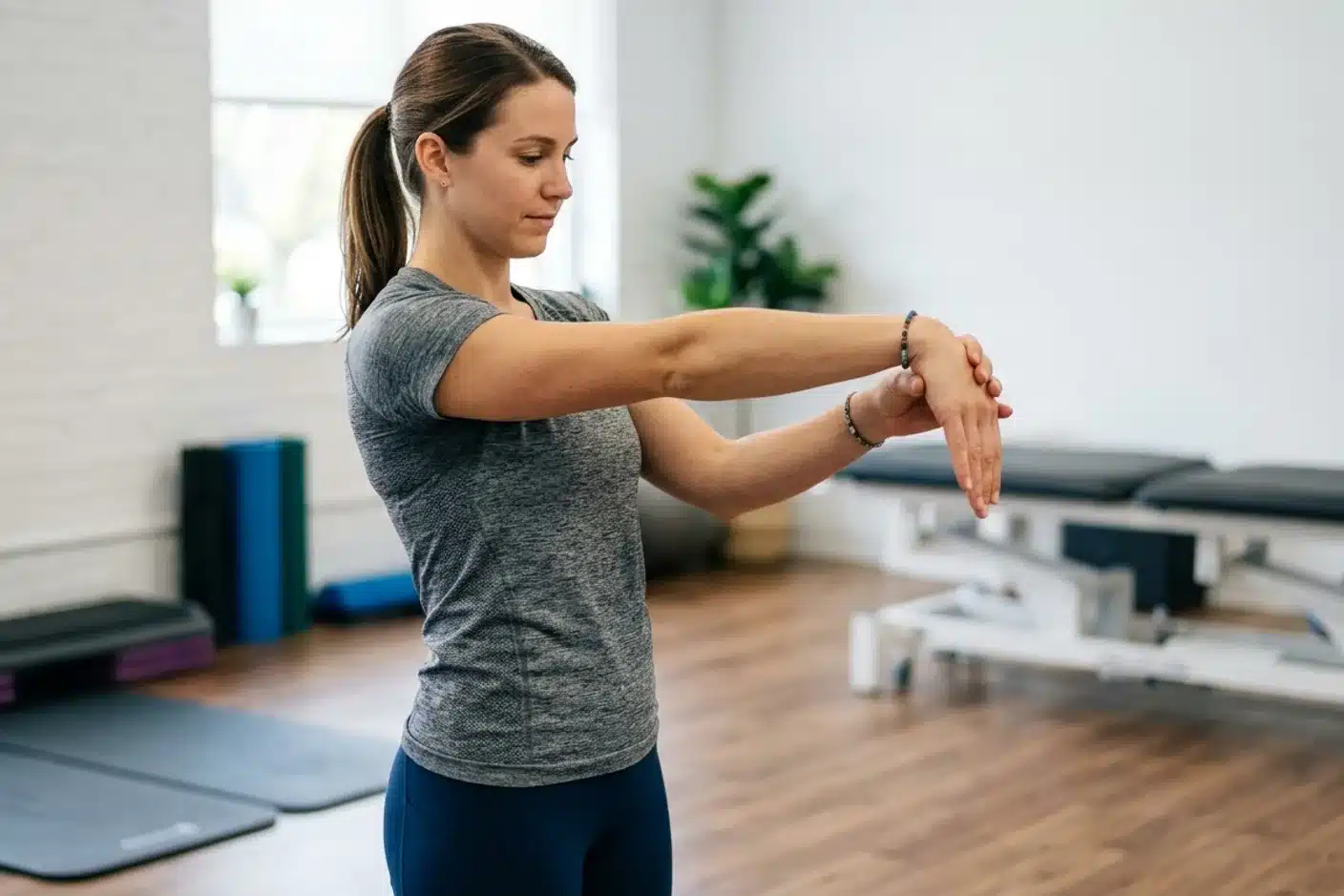 Exercice d'étirement de l'avant-bras pour tendinite du coude Personne effectuant un étirement de l'avant-bras pour rééduquer une tendinite du coude