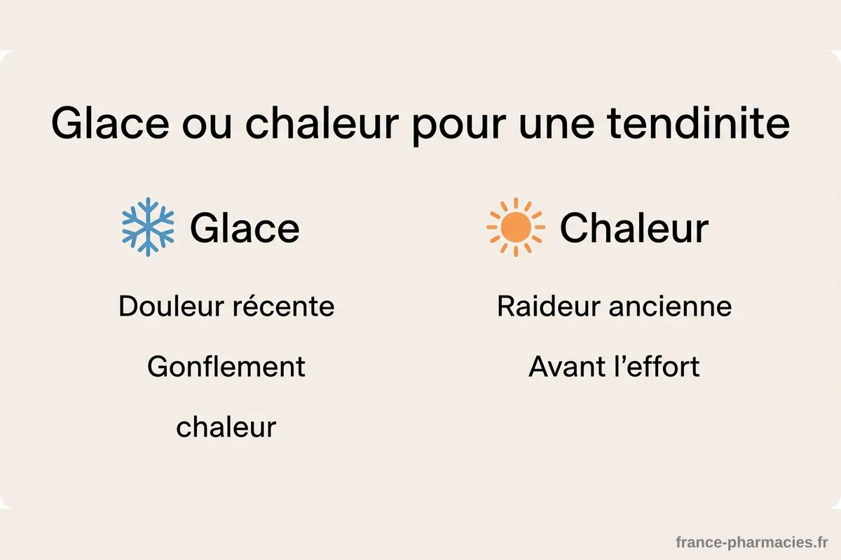 Glace ou chaleur pour une tendinite Infographie comparant l'usage de la glace et de la chaleur selon le type de douleur de tendinite