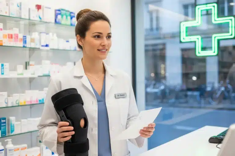 Pharmacienne remettant un dispositif médical sur ordonnance dans une officine française