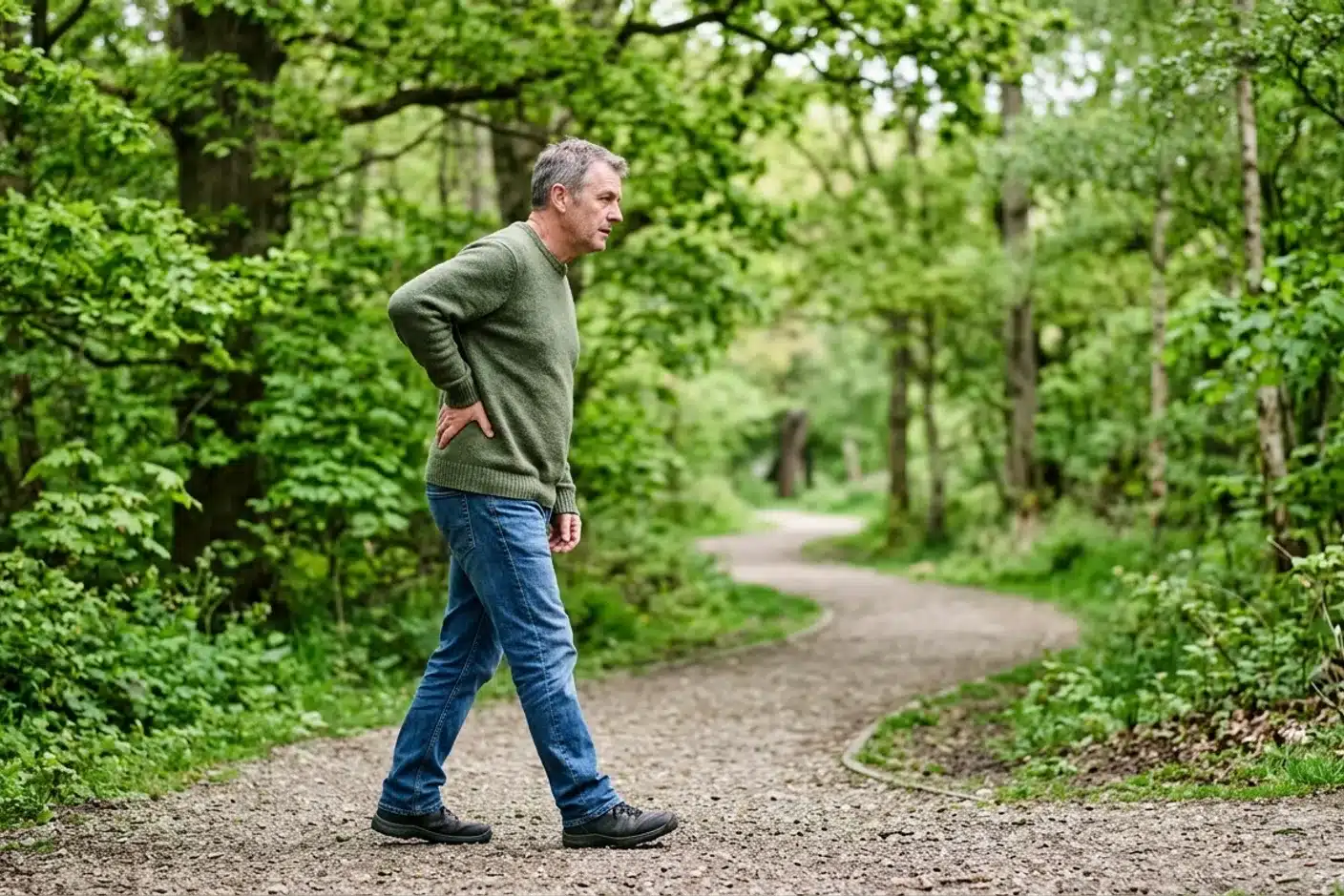 Homme marchant dans un parc avec un lumbago Homme marchant lentement dans un parc, main posée sur le bas du dos