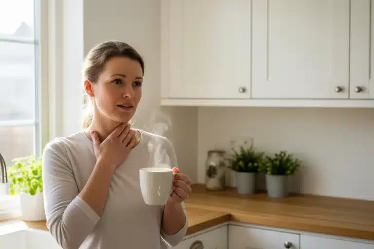 Femme tenant sa gorge douloureuse avec une tasse de tisane chaude dans une cuisine lumineuse