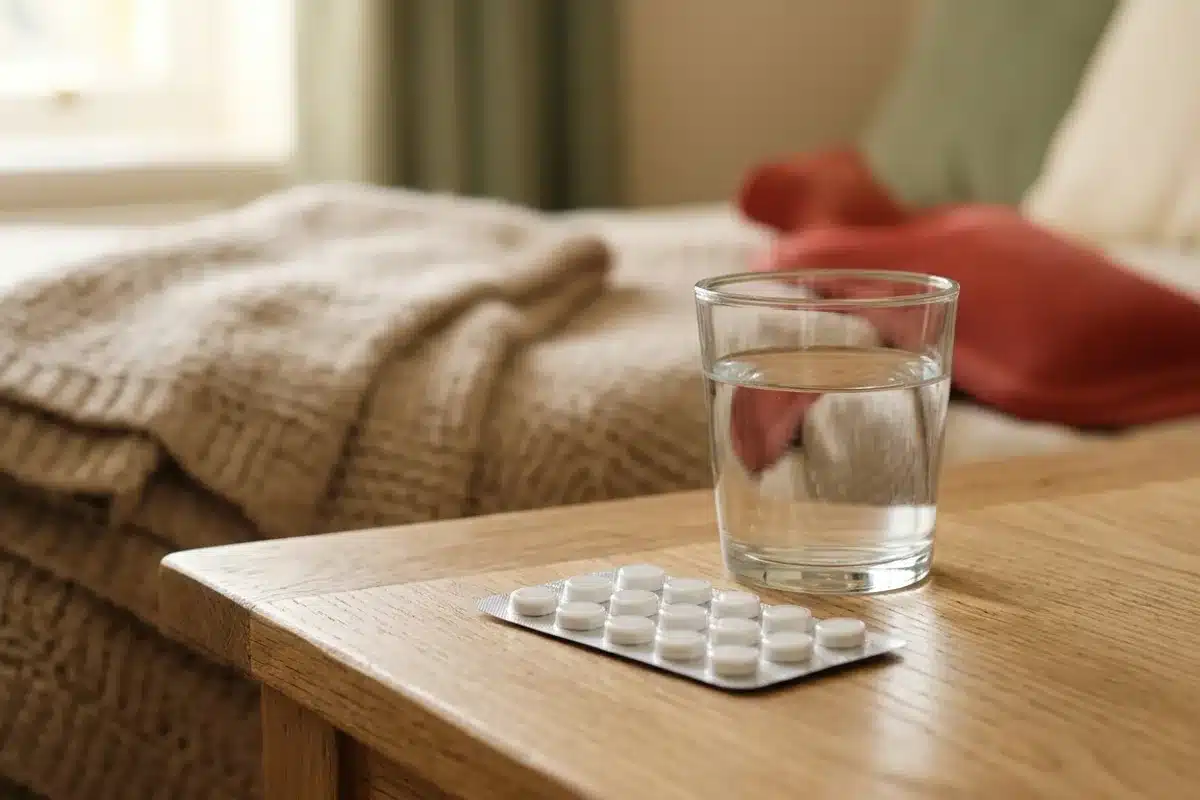 placeholder Plaquette de comprimés antidouleur et verre d'eau sur une table de chevet, avec bouillotte, pour soulager les règles douloureuses à la maison